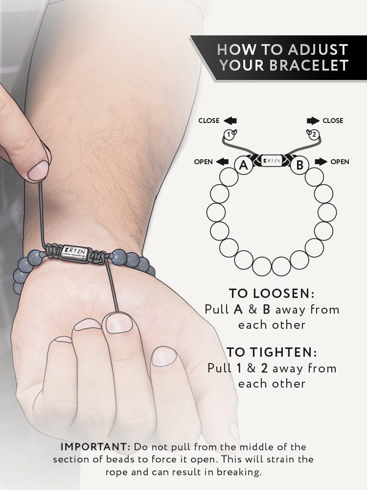 An instructional diagram on how to adjust, tighten, and loosen a men's lapis lazuli beaded bracelet.