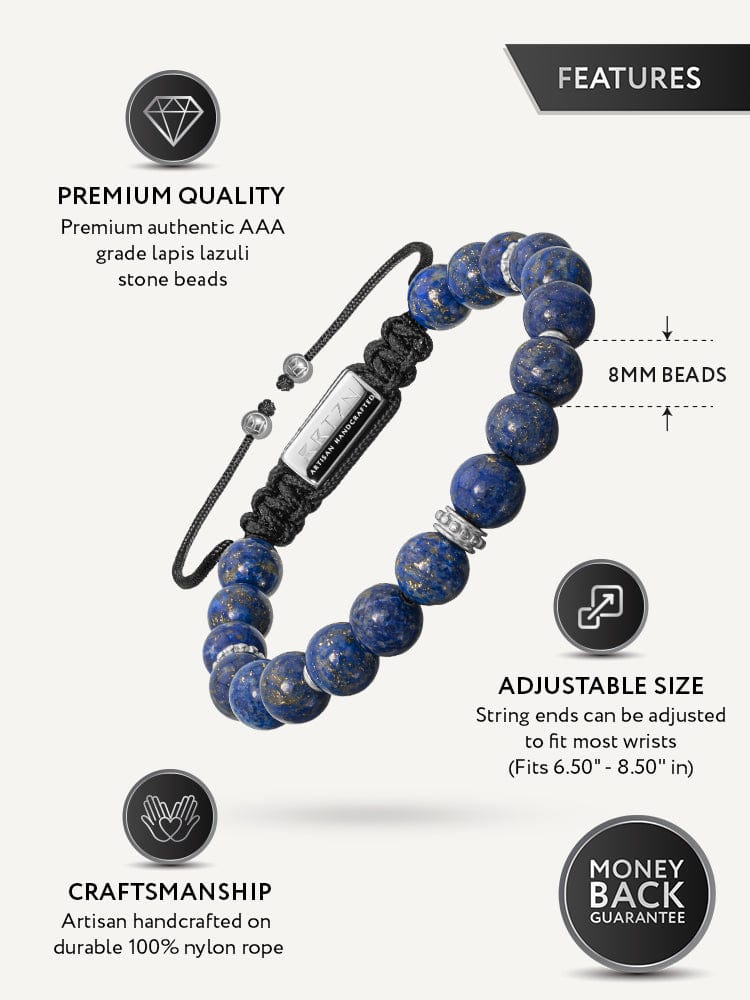 Features infographic for the men's lapis lazuli beaded bracelet with 8mm premium AAA grade beads and adjustable size.
