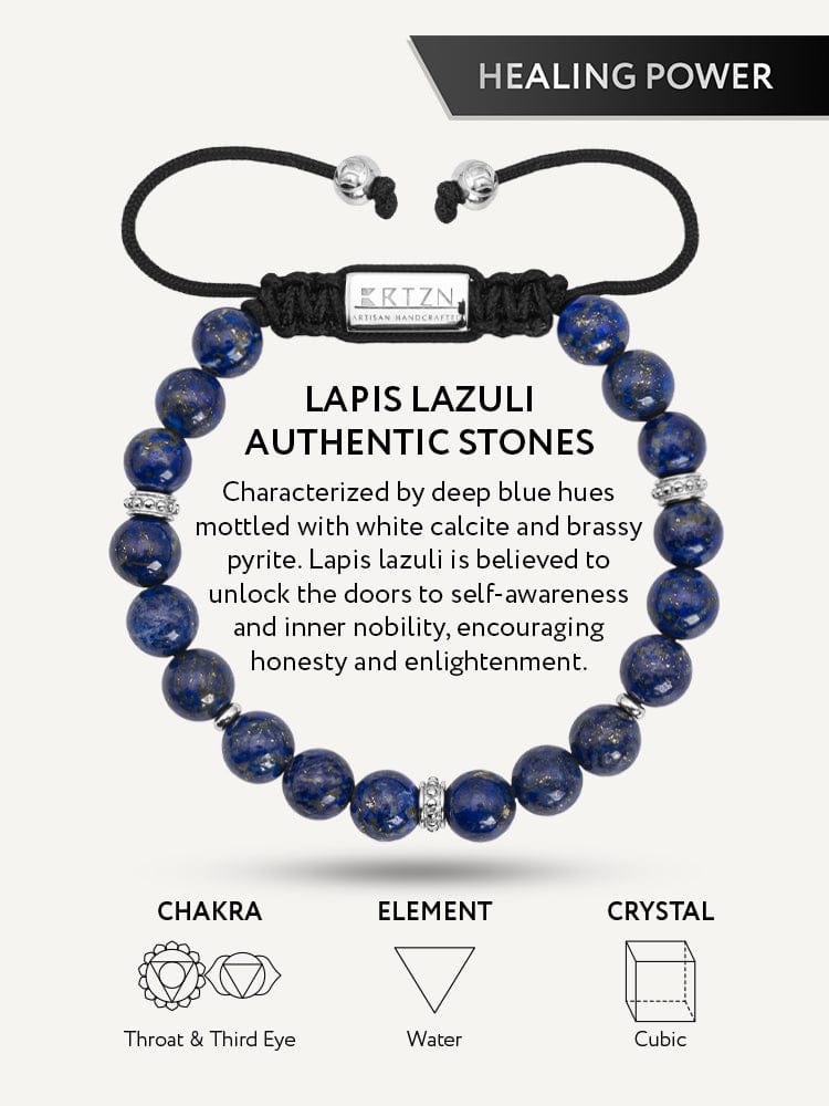 Healing power info chart for the men's lapis lazuli beaded bracelet, detailing chakra, element, and crystal.