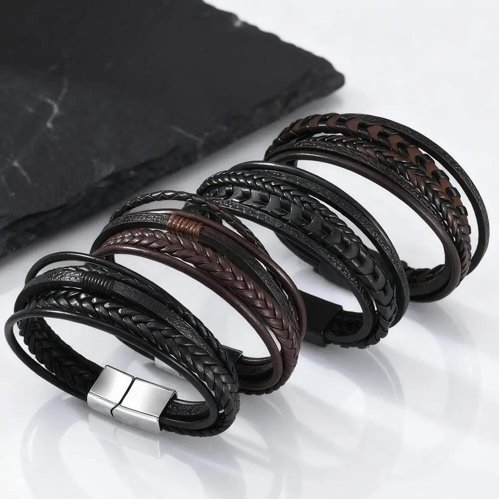 Four styles of multi-layered mens braided leather bracelet in black and brown with secure metal magnetic clasps.