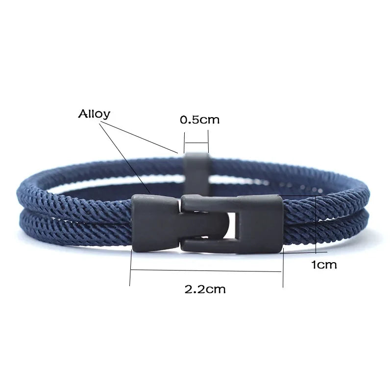 Product dimensions of a blue men's double layer rope bracelet showing the black alloy clasp and band measurements.