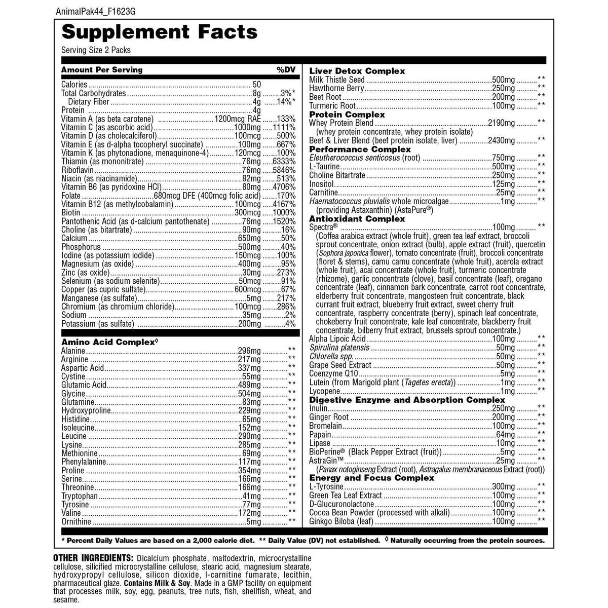 Supplement Facts for Universal Nutrition Animal Pak multivitamin, showcasing ingredients and values per serving.