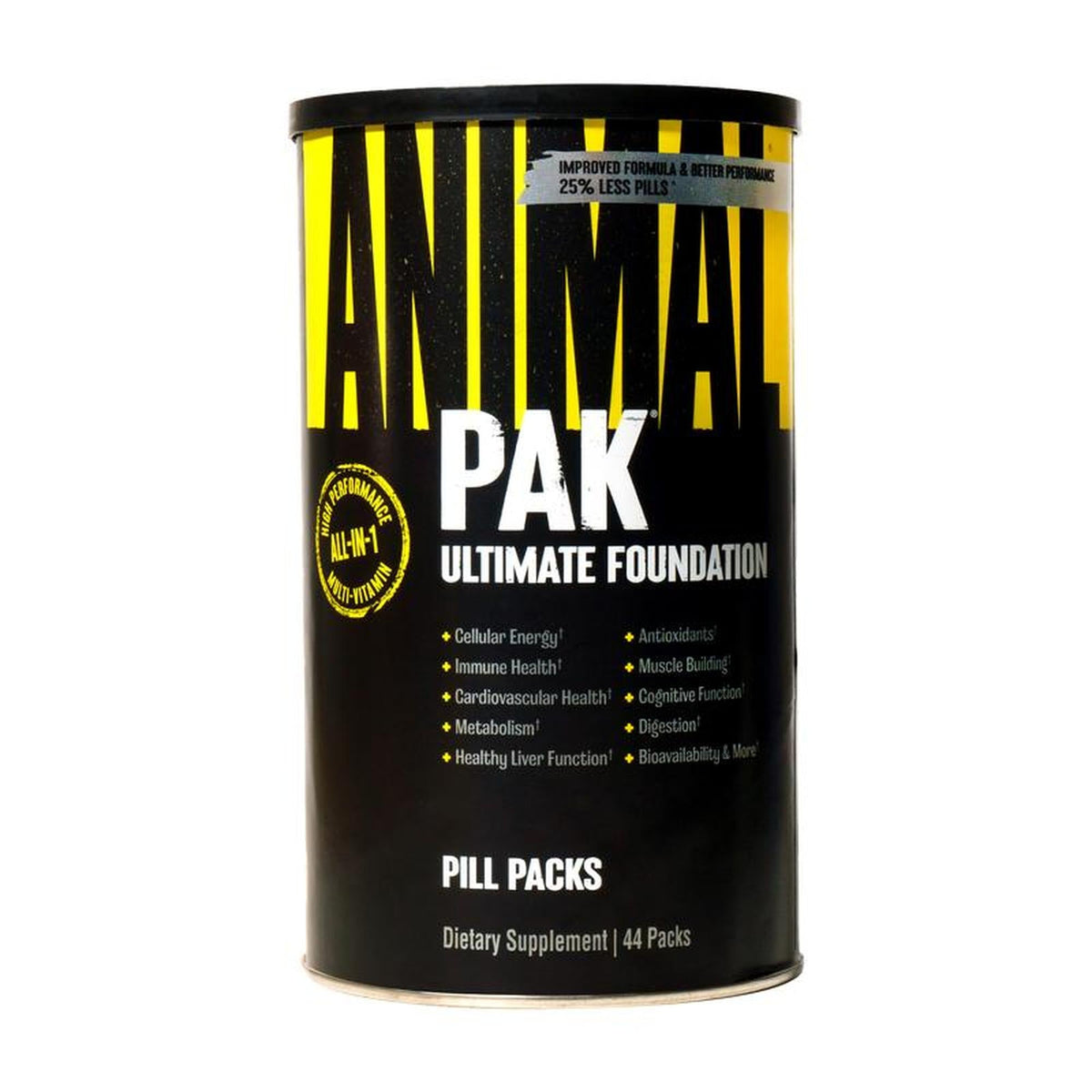 Universal Nutrition Animal Pak multivitamin canister with 44 packs, showcasing dietary supplement benefits.