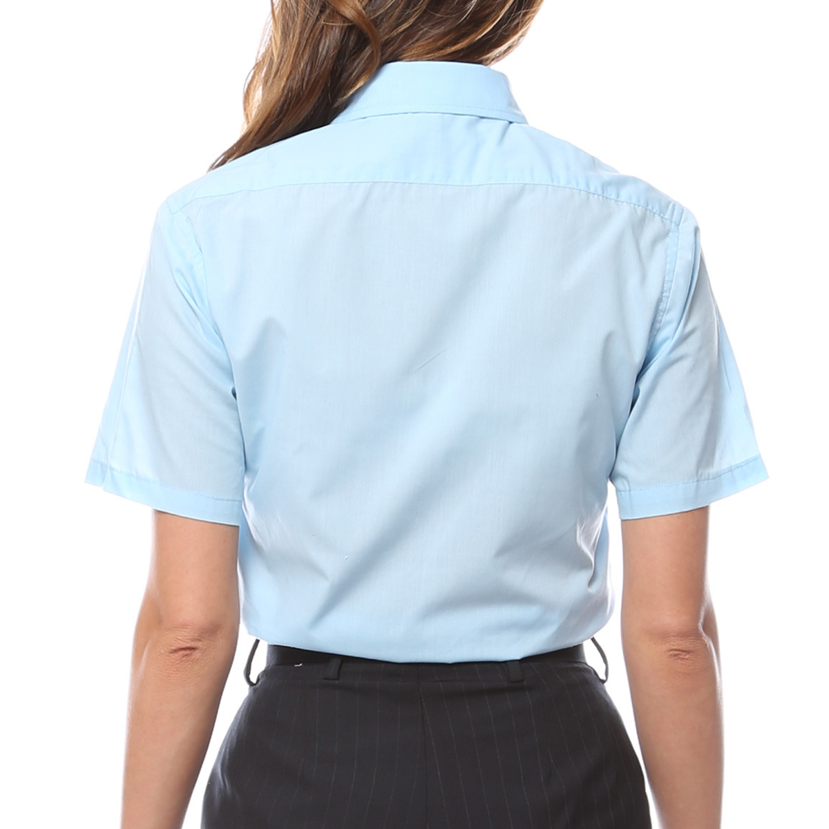 Back view of a woman wearing a light blue women's regular fit aviator dress shirt.