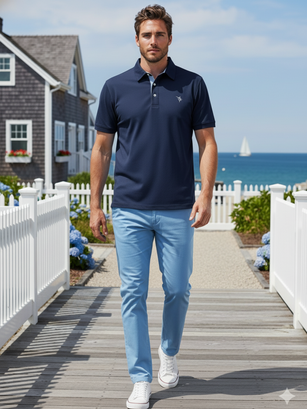 Man walking by the beach in navy performance polo shirt and blue pants, showcasing a stylish summer outfit.