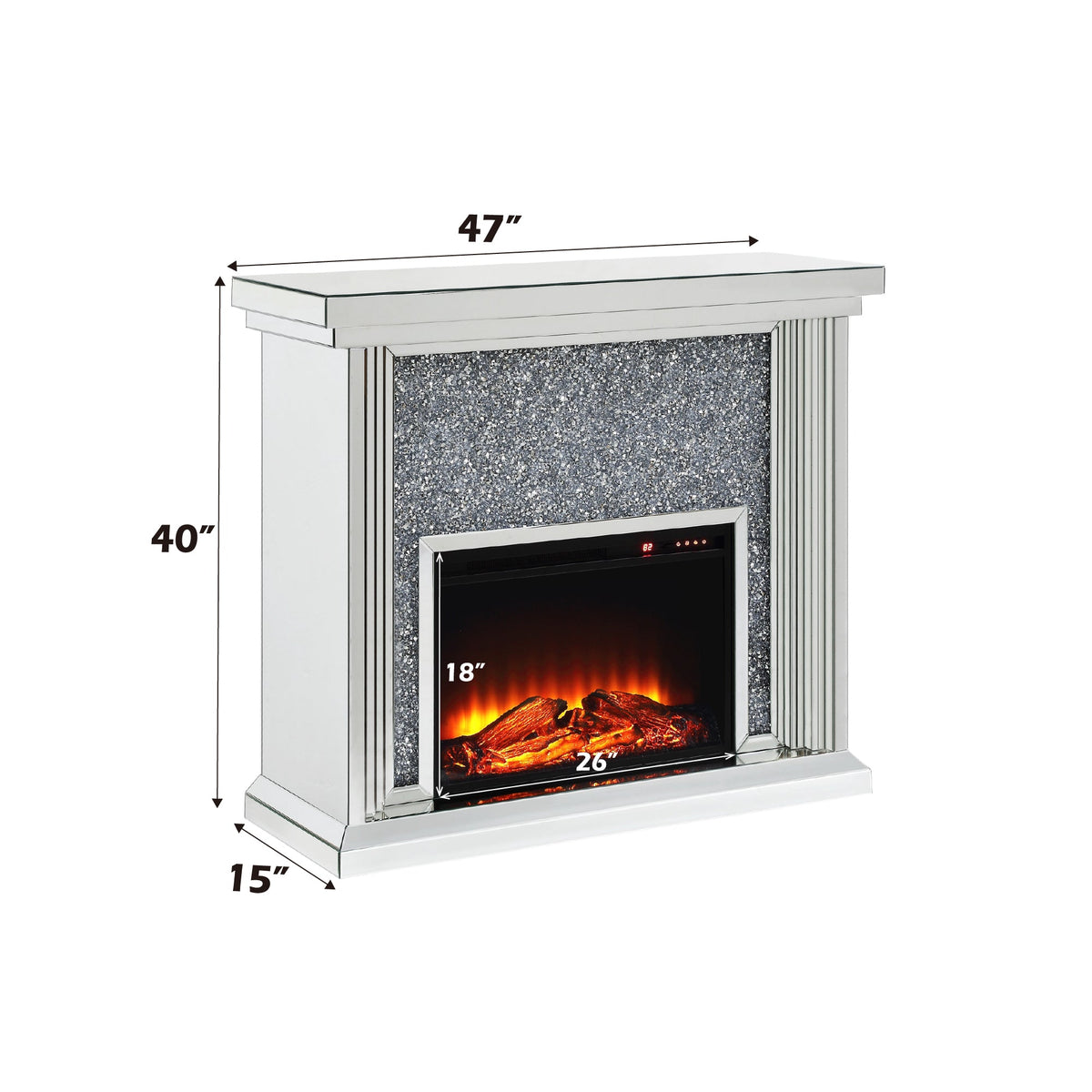 Dimensions of the Mirrored Electirc Fireplace with silver faux diamond inlay frame, measuring 47x40x15 inches.