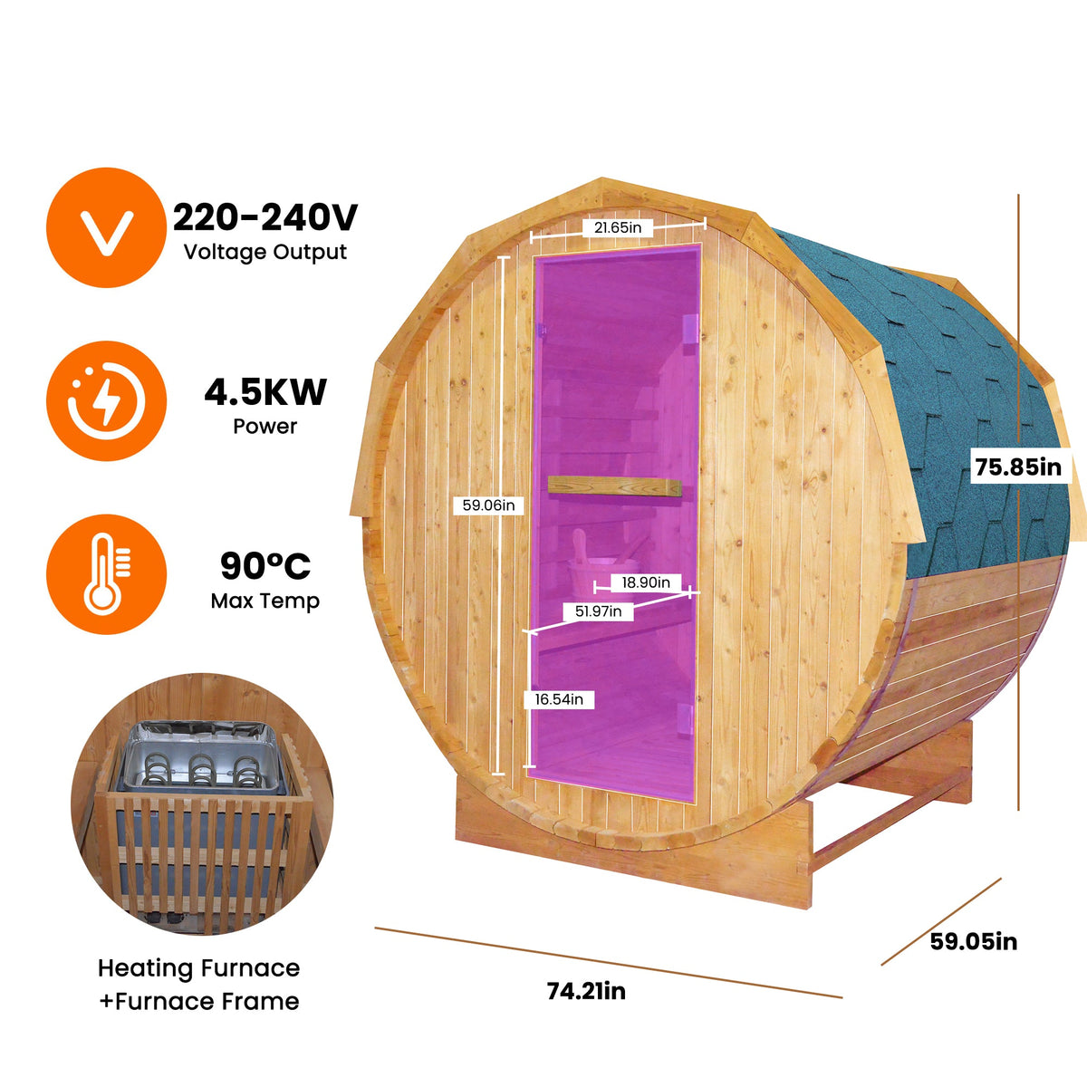 HOSAUNA Premium Sauna features traditional cylindrical sauna design with measurements and heating details.