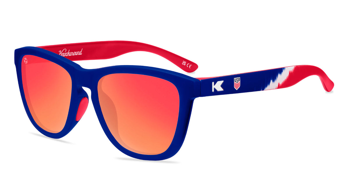 U.S. Soccer 2024 Knockaround Sunglasses in red and blue colorway with tie-dye design, perfect for match days.