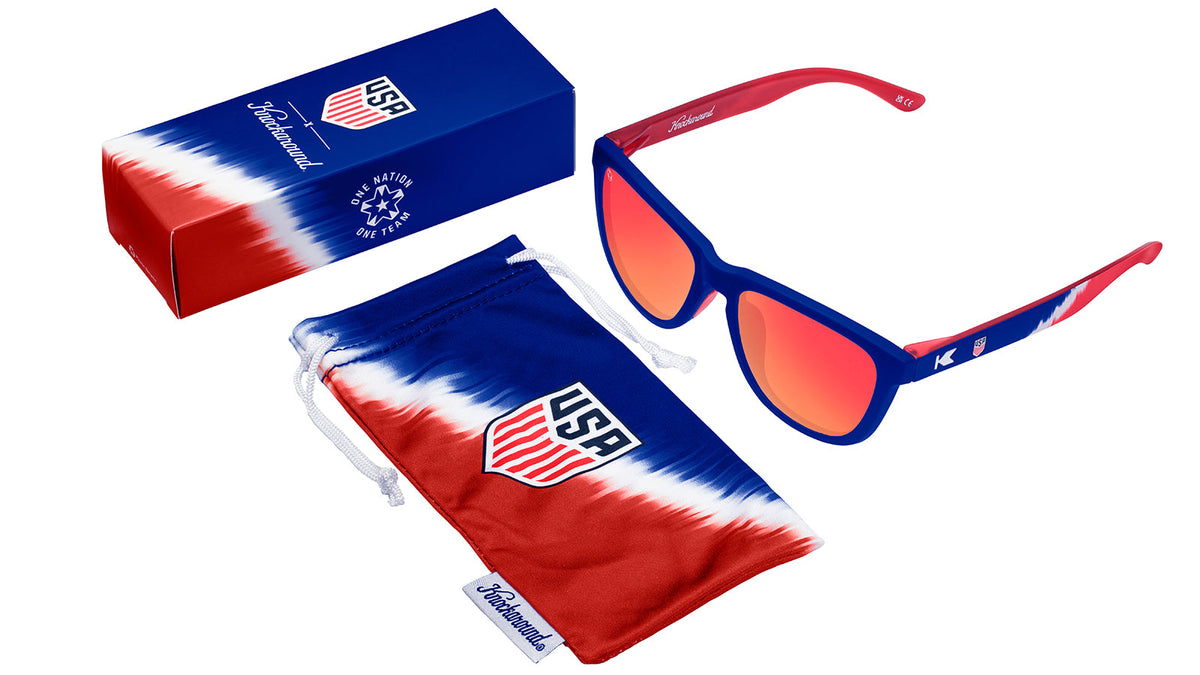 U.S. Soccer 2024 Knockaround Sunglasses with packaging and case in vibrant USA colors.
