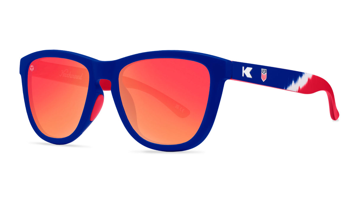 U.S. Soccer 2024 Knockaround Sunglasses with red and blue colorway and tie-dye sash design.