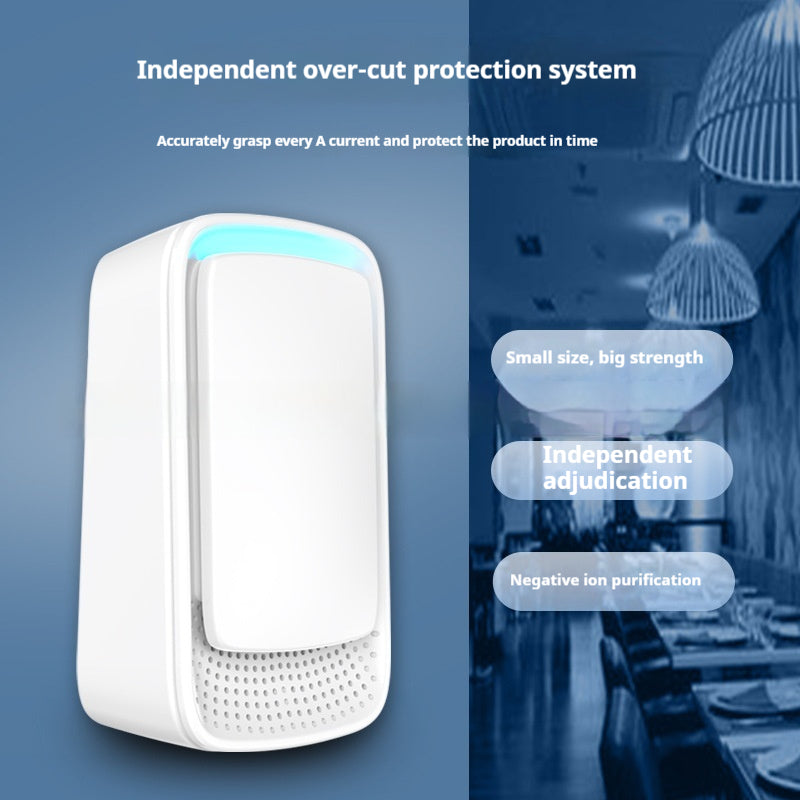 Compact white quiet air purifier featuring negative ion purification and an independent over-cut protection system.