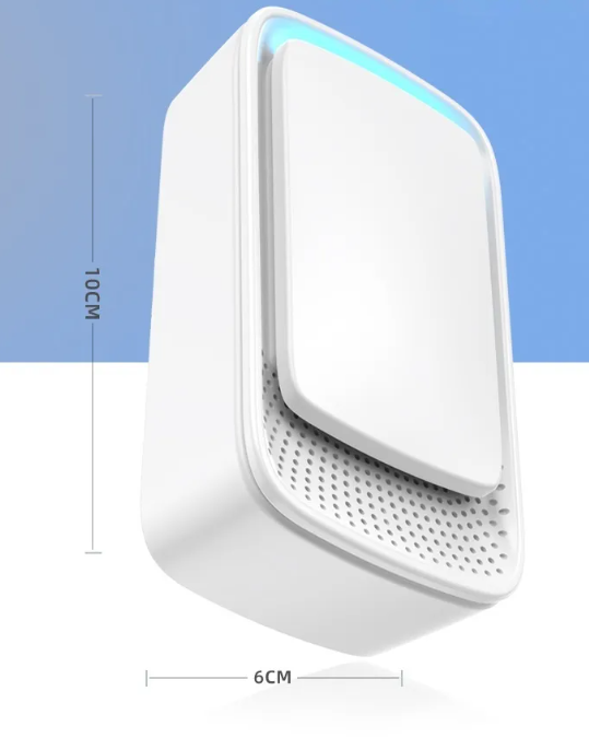 Compact white quiet air purifier with dimensions 10cm by 6cm and a blue light indicator for clean indoor air.