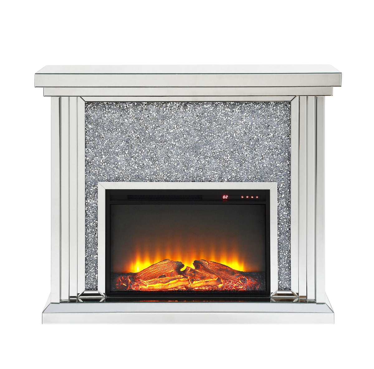Silver Mirrored Electirc Fireplace with faux diamond inlay and glowing LED flames.