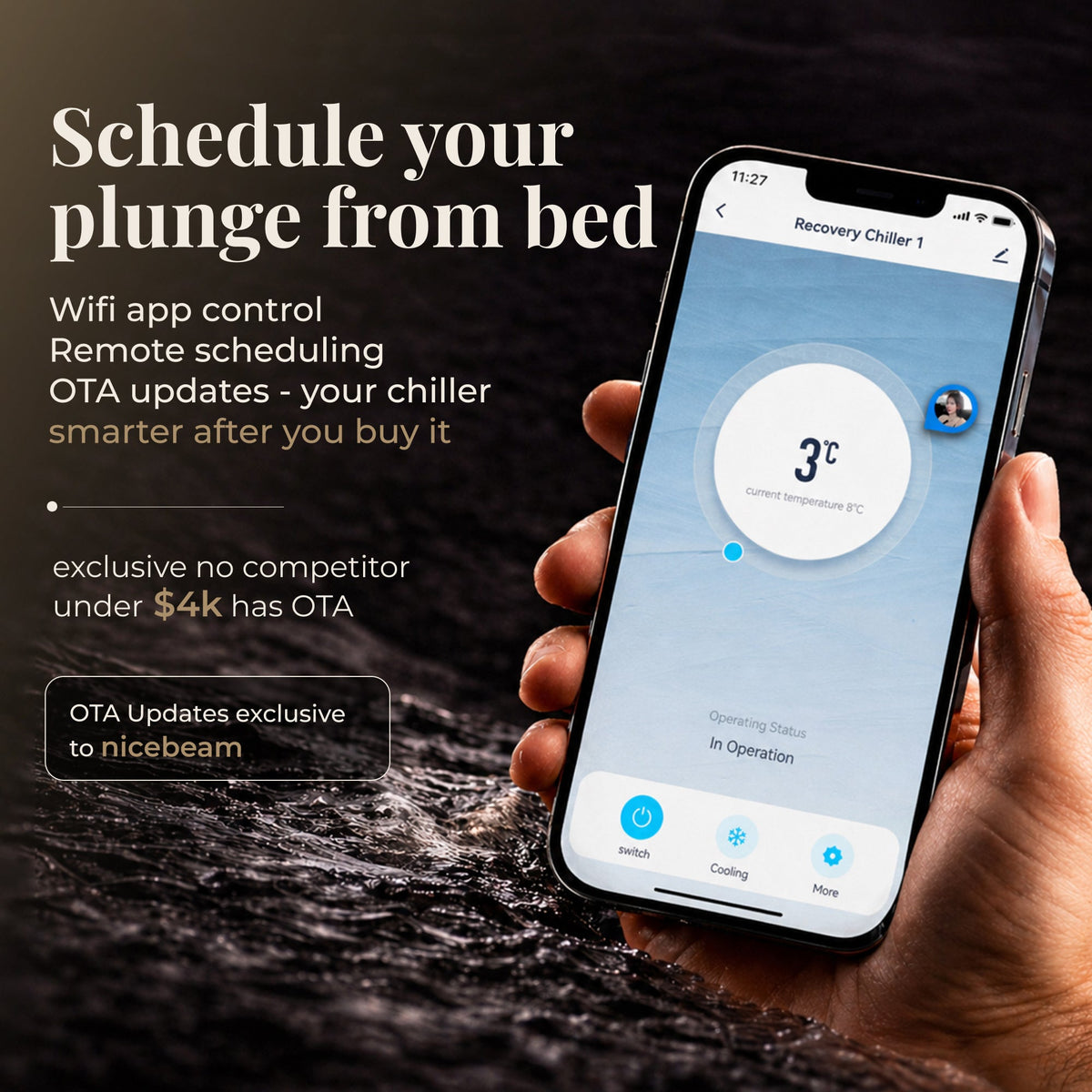 Control the Nicebeam inflatable cold plunge tub temperature and scheduling remotely using the dedicated wifi smartphone app.