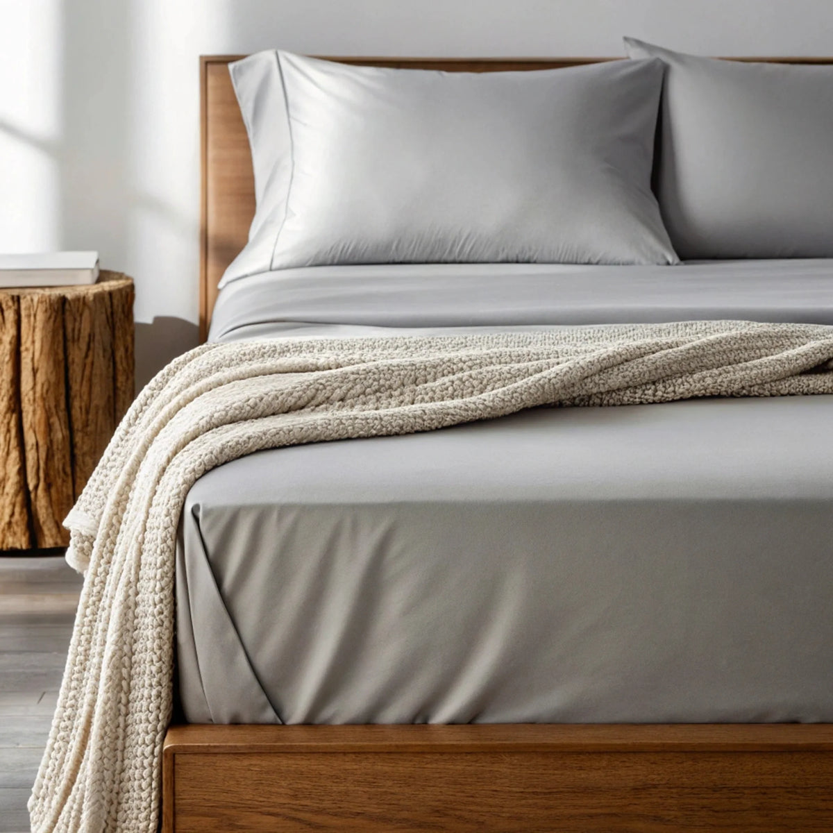 Copper infused bamboo sheets set on a wooden bed with a cozy knit blanket for cooling comfort.