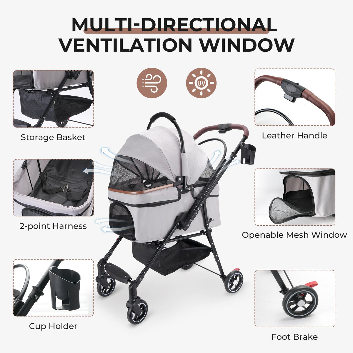 Foldable 4-Wheel Pet Stroller with Adjustable Canopy - Grey