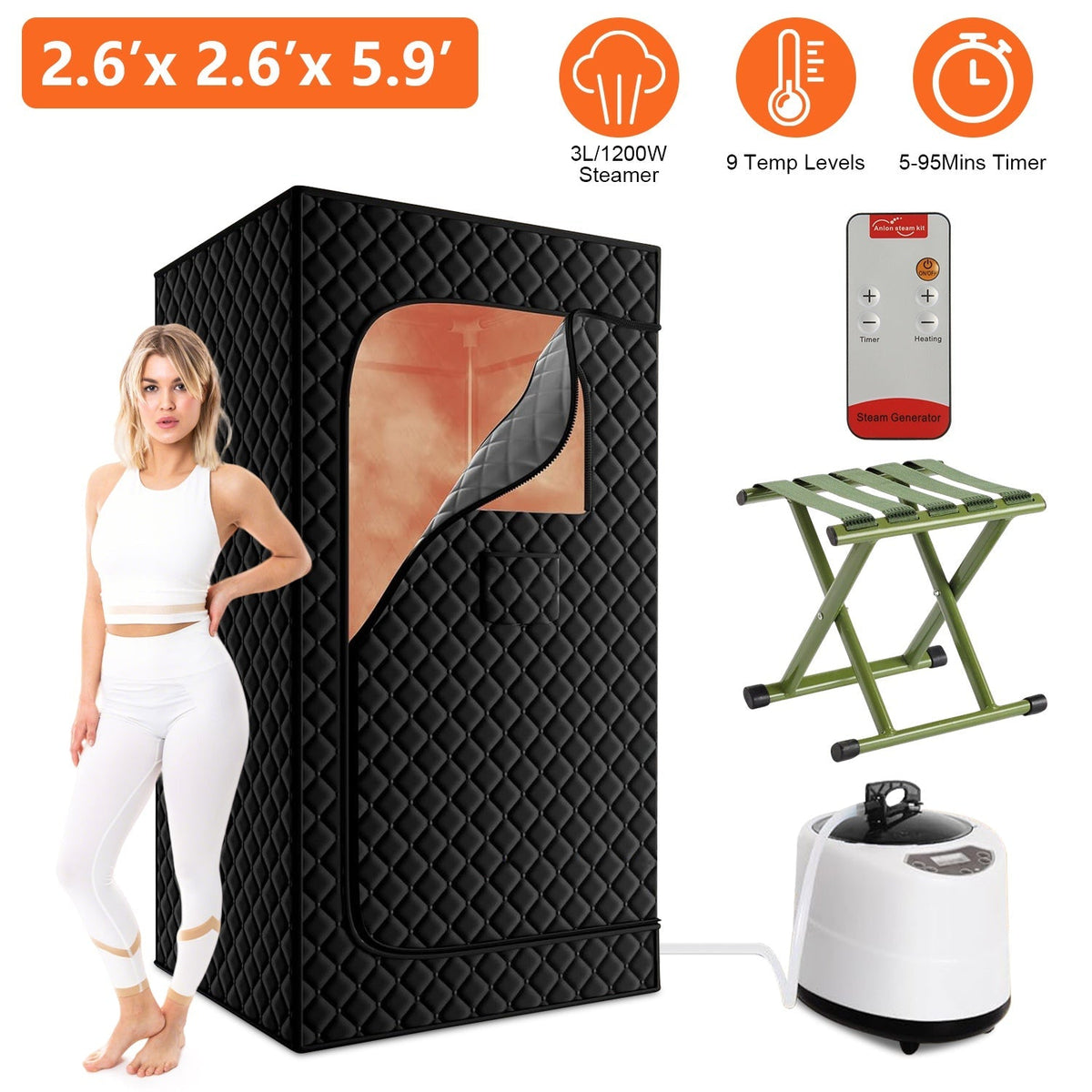 2.6x 2.6x 5.9FTPortable Sauna Tent 1 Person Steam Sauna for Home with 3L/1200W Steamer Folding Chair Remote Control 9 Steam Output Levels 5-95Mins Tim