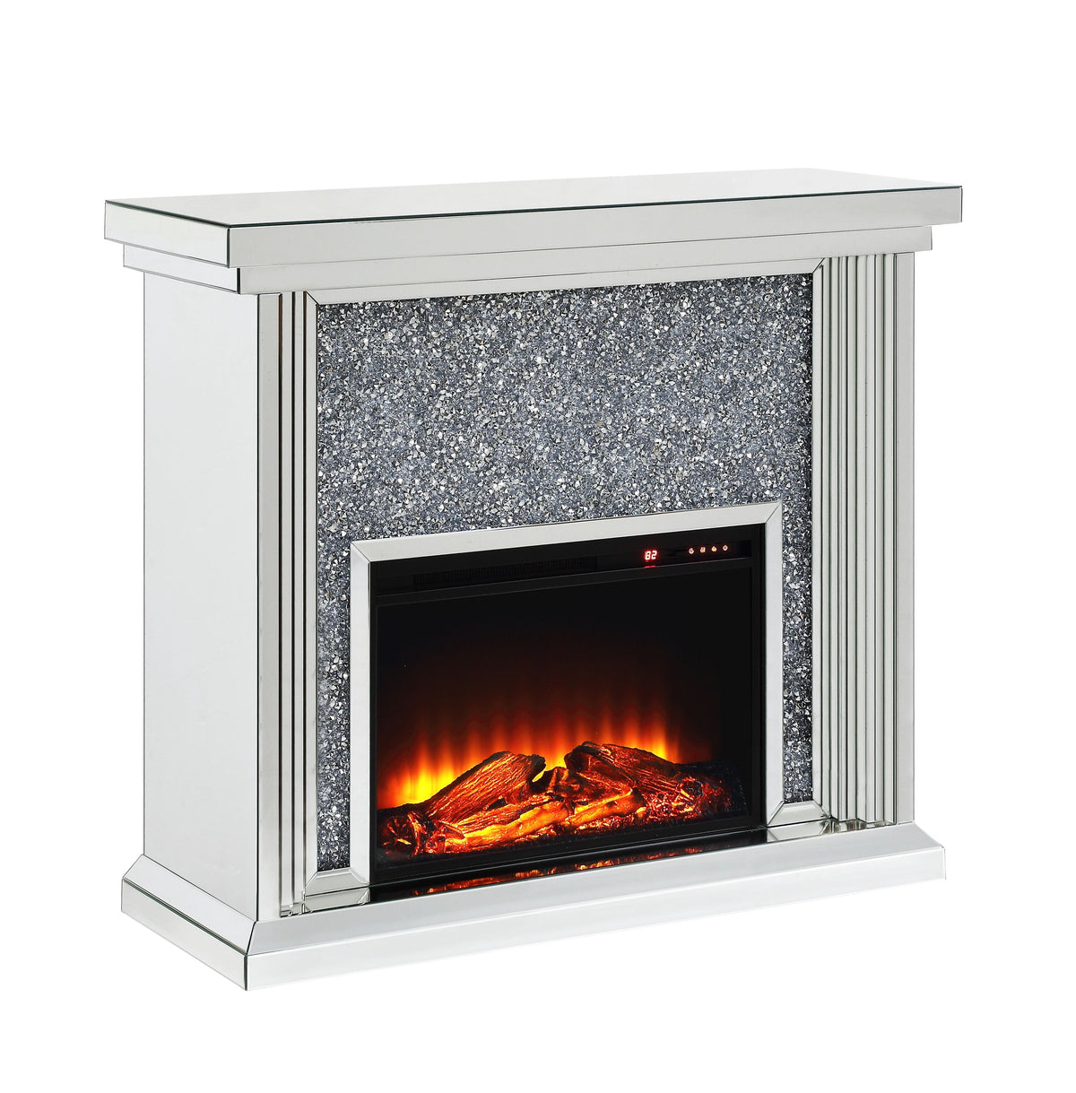 Silver Mirrored Electirc Fireplace with faux diamond inlay and glowing LED flames