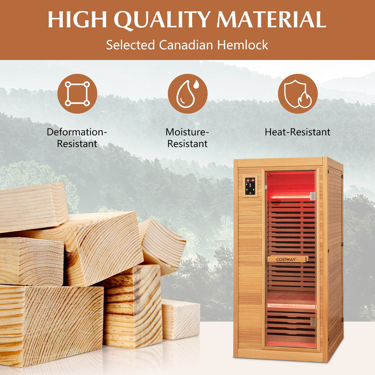 Far Infrared Wooden Sauna Room with Bluetooth Speakers and Oxygen Ionizer for 1-2 person