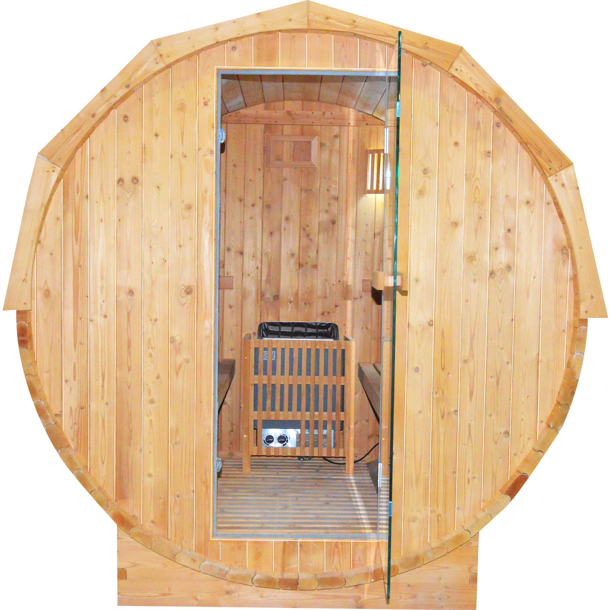 Traditional cylindrical sauna with wooden construction and an inviting interior design for relaxation.