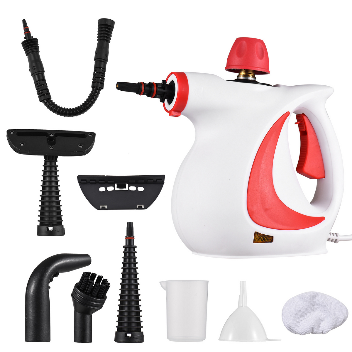 Handheld high pressure steam cleaner with various multi-purpose cleaning attachments on a white background.