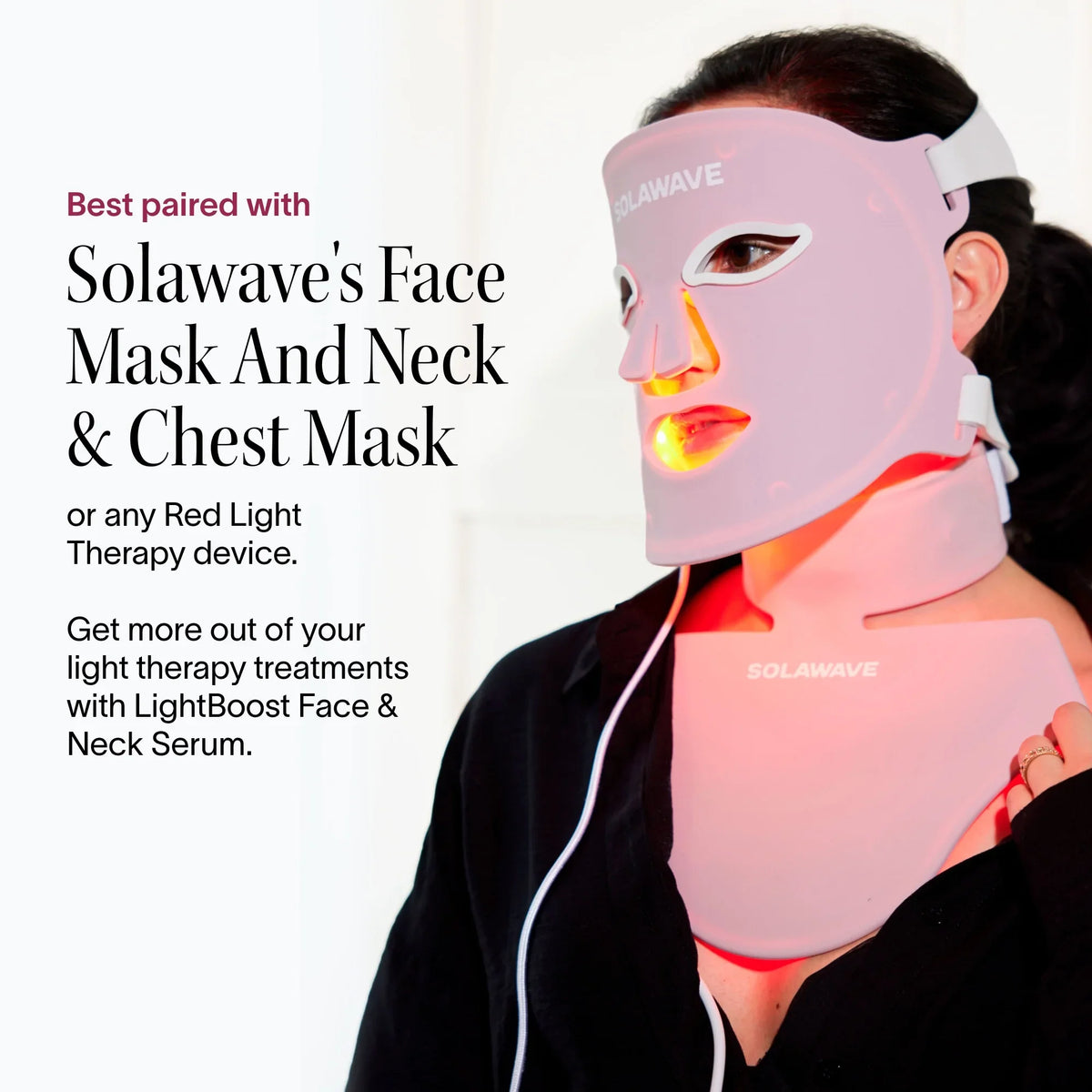 Woman wearing an LED face and neck mask, paired with a light therapy face serum for skin rejuvenation.