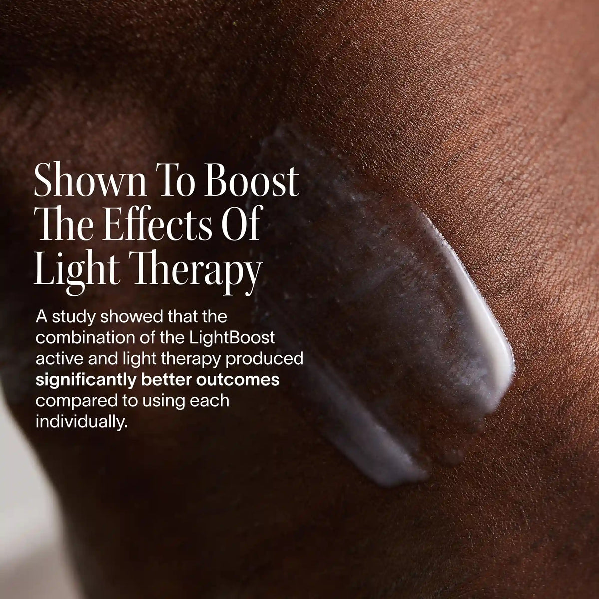 A swipe of light therapy face serum on skin, demonstrating its ability to boost the effects of LED light therapy.