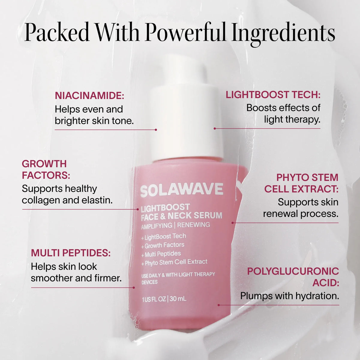 Solawave light therapy face serum showing powerful ingredients like niacinamide, multi peptides, and growth factors.