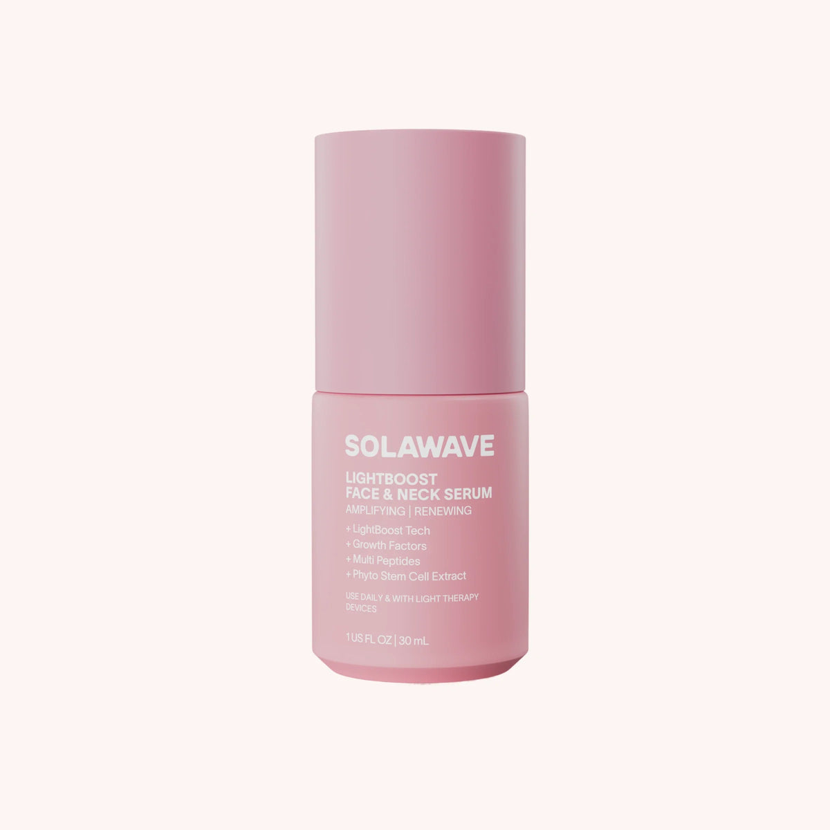 Solawave pink bottle of light therapy face serum to revitalize skin for a youthful radiance.