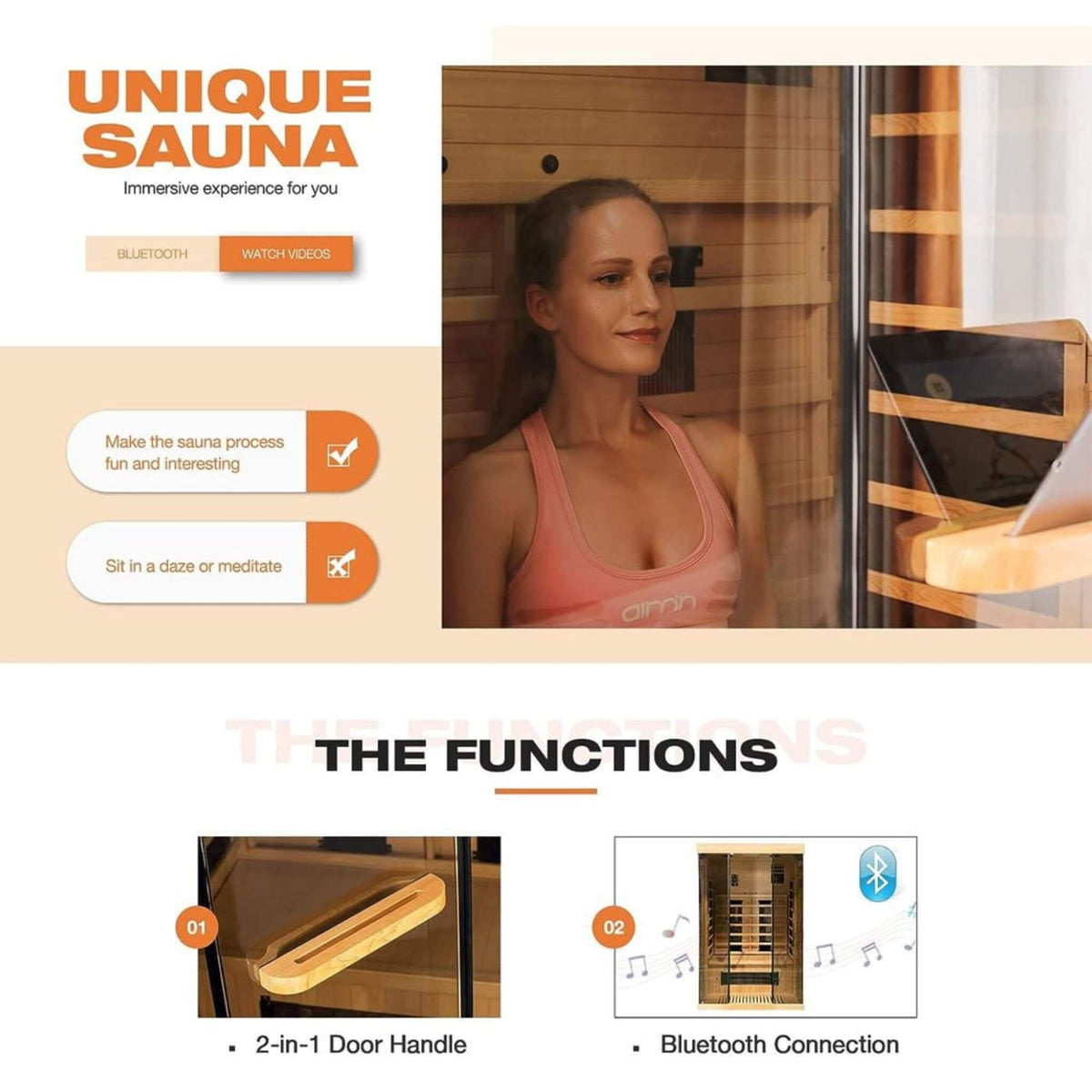 Woman enjoying a relaxing moment in a unique sauna, featuring Bluetooth and a 2-in-1 door handle.