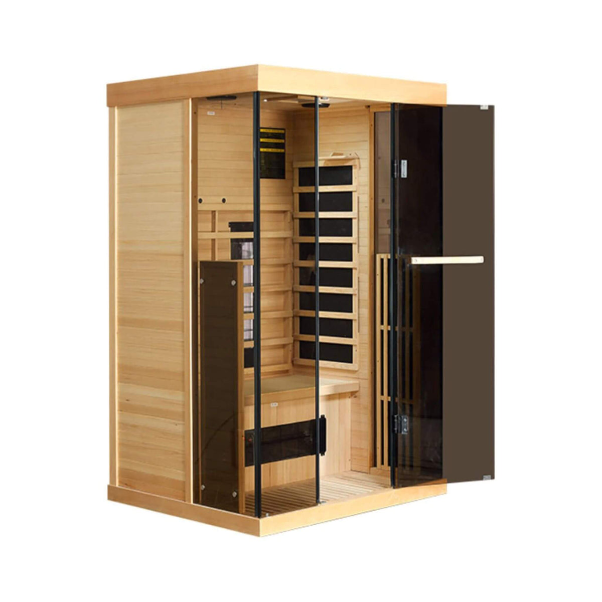 Valen Luxury low EMF infrared sauna for two with panoramic tempered glass and wood finish for a home personal spa experience.