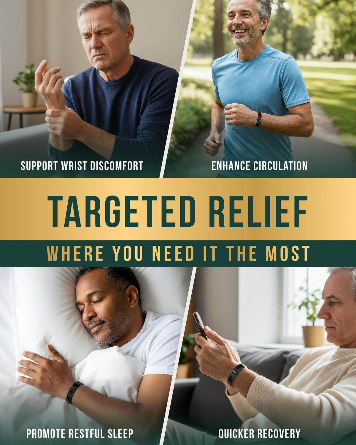 Infographic highlighting the benefits of a titanium magnetic bracelet for men, including pain relief, better sleep, and circulation.