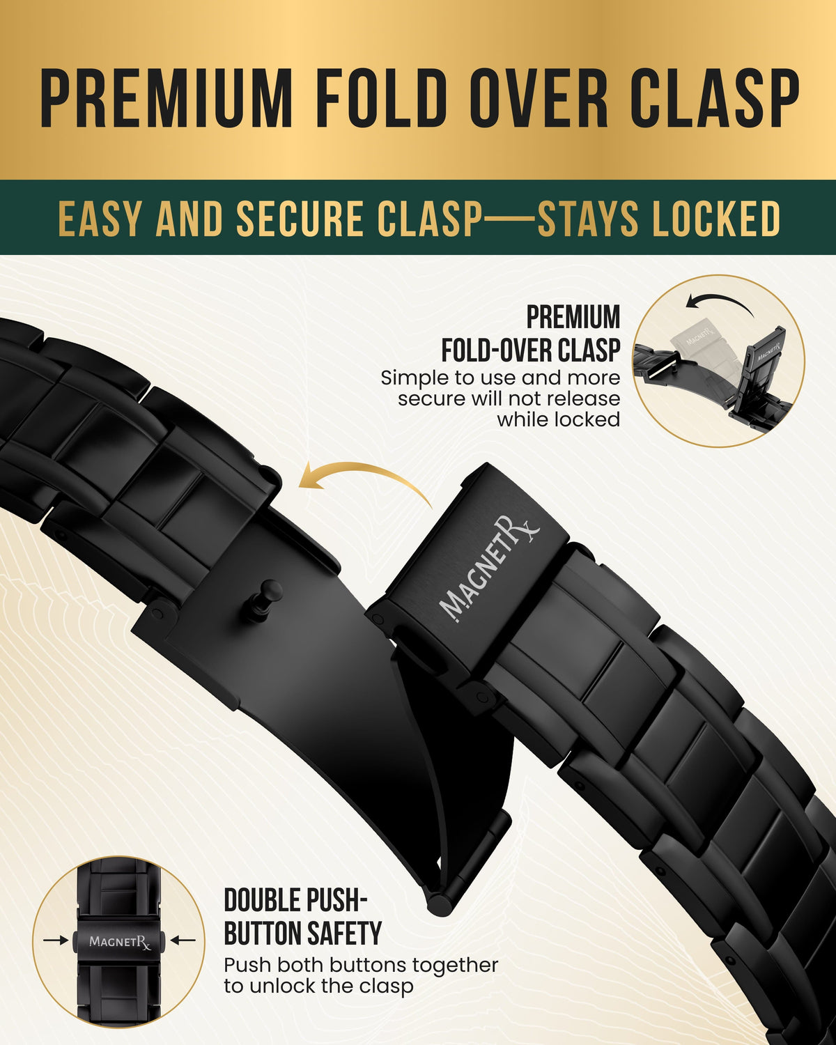 Secure fold-over clasp and double push-button safety on this black titanium magnetic bracelet for men.