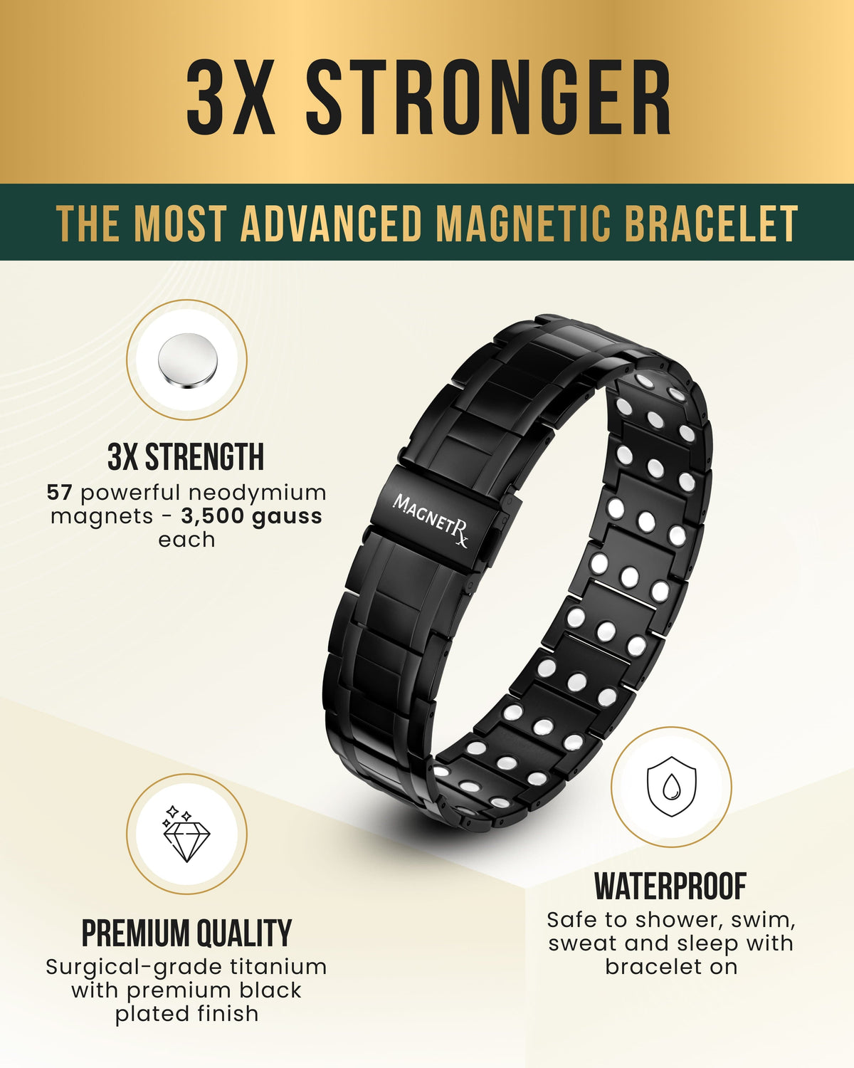 Black titanium magnetic bracelet for men with 3x strength neodymium magnets and waterproof surgical-grade finish.