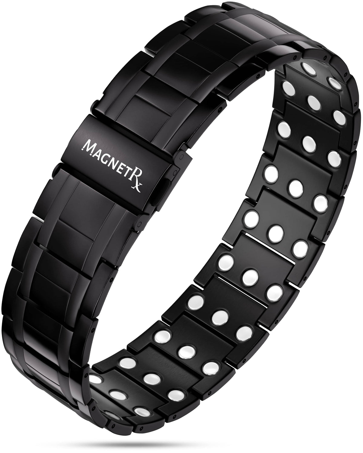 MagnetRX black titanium magnetic bracelet for men showcasing triple strength neodymium magnets on the inner band.