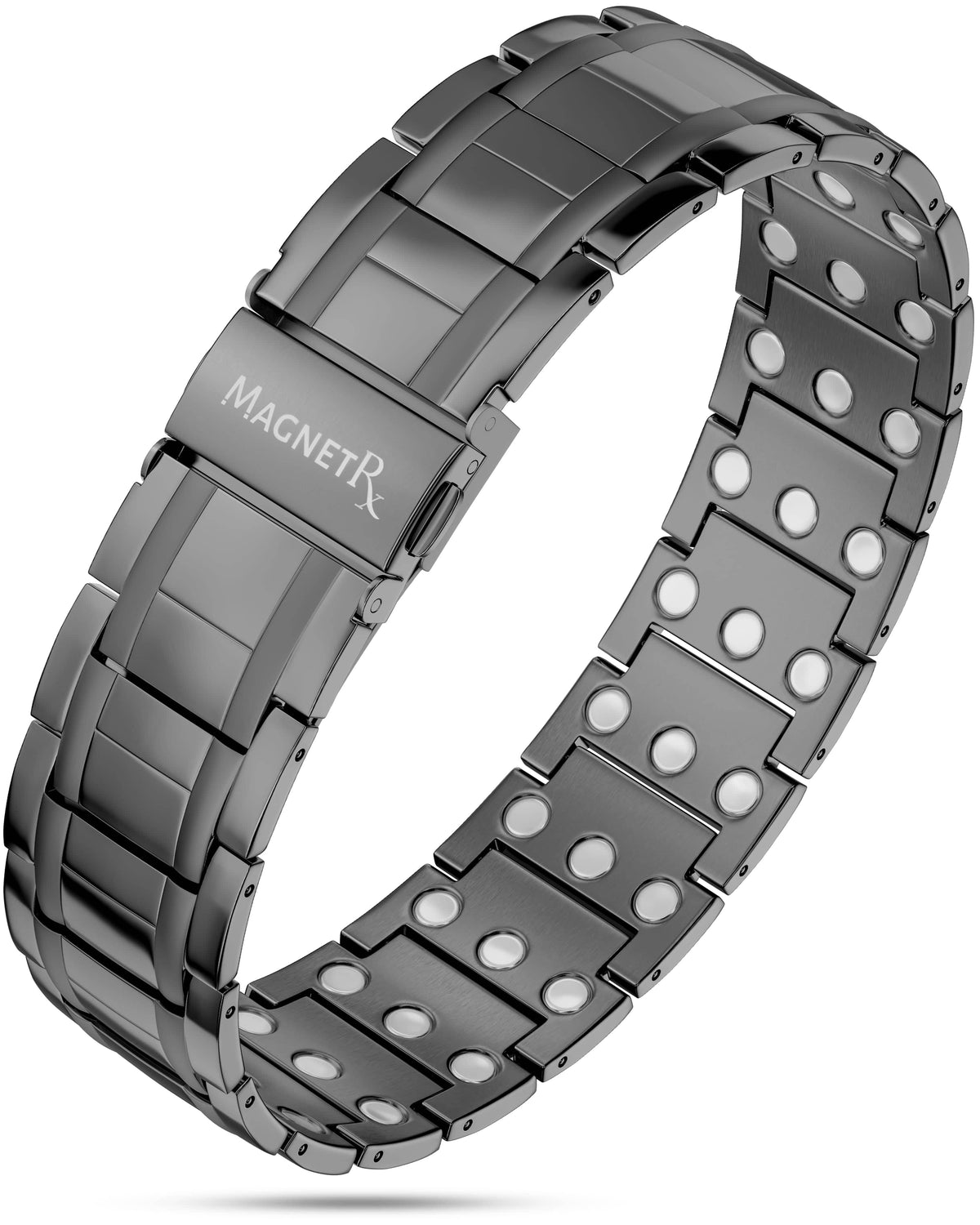 MagnetRX gunmetal titanium magnetic bracelet for men showing triple strength magnets on the inner band.