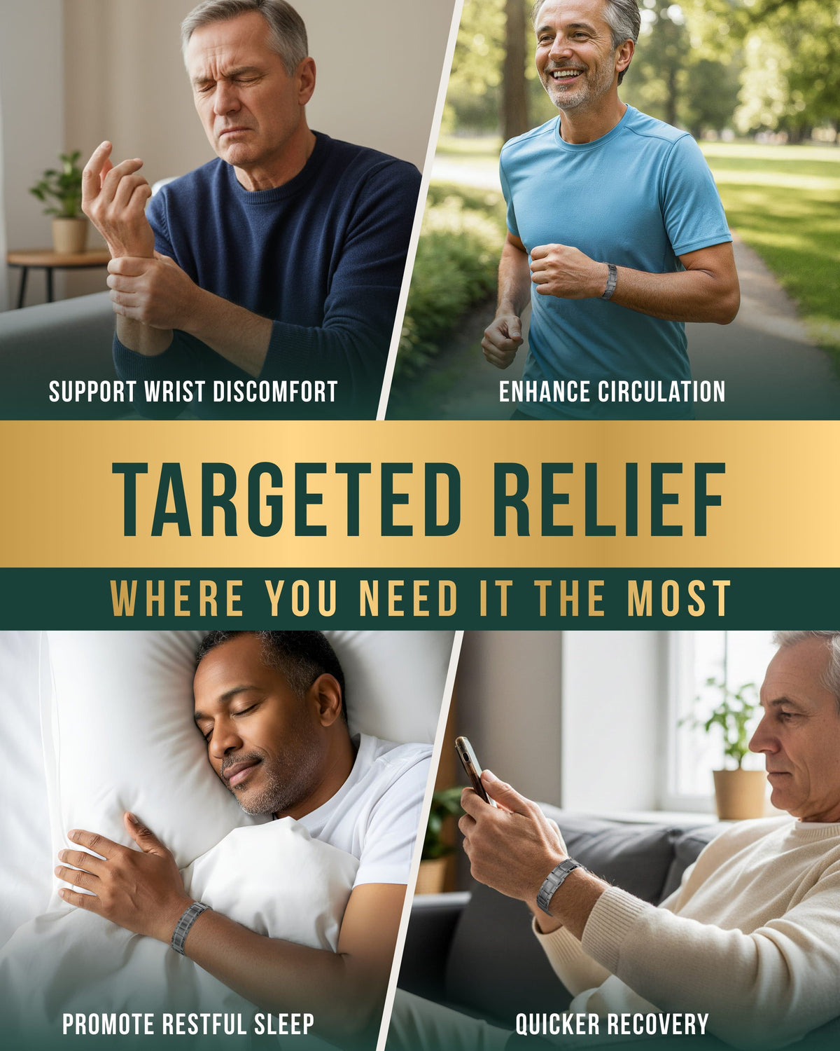 Benefits of the titanium magnetic bracelet for men including wrist discomfort support, enhanced circulation, restful sleep, and recovery.