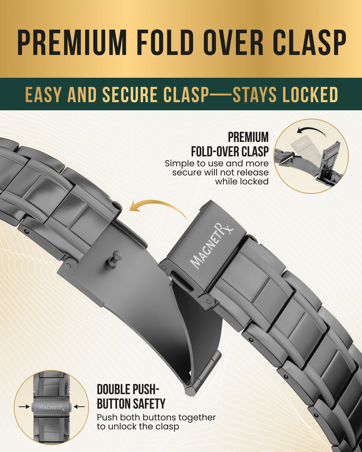 Premium fold-over clasp and double push-button safety on the gunmetal titanium magnetic bracelet for men.