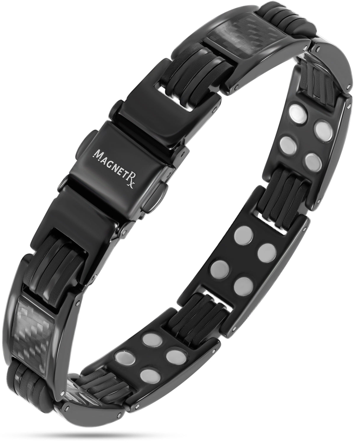 MagnetRX black carbon fiber magnetic bracelet for men with ultra strength therapeutic magnets.