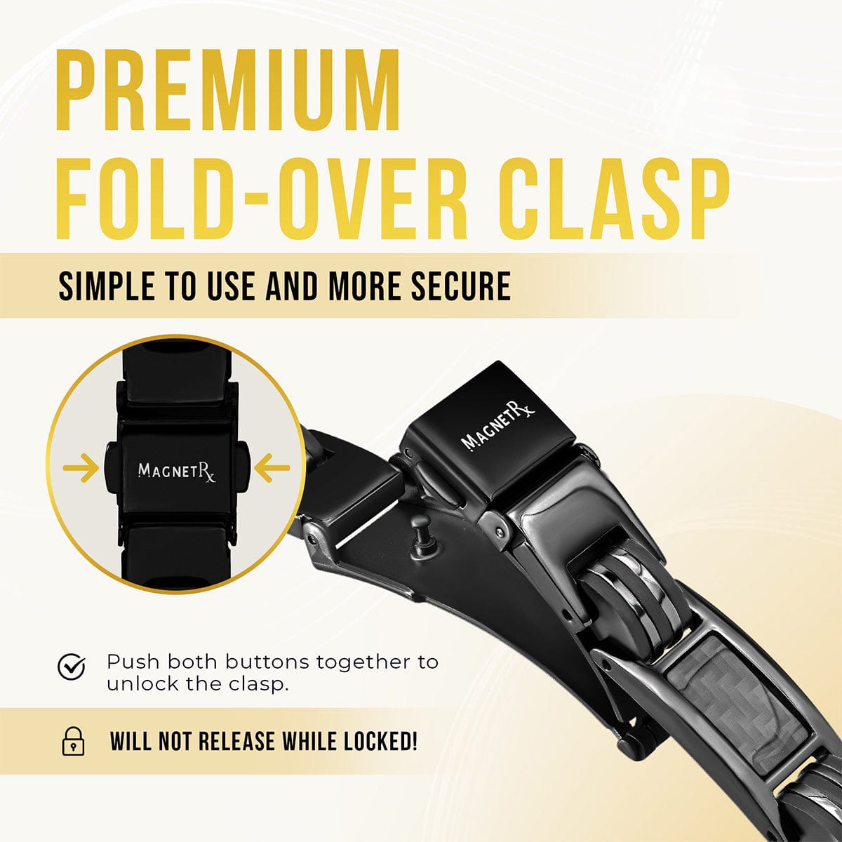 MagnetRX carbon fiber magnetic bracelet featuring a premium fold-over clasp that is secure and easy to use.