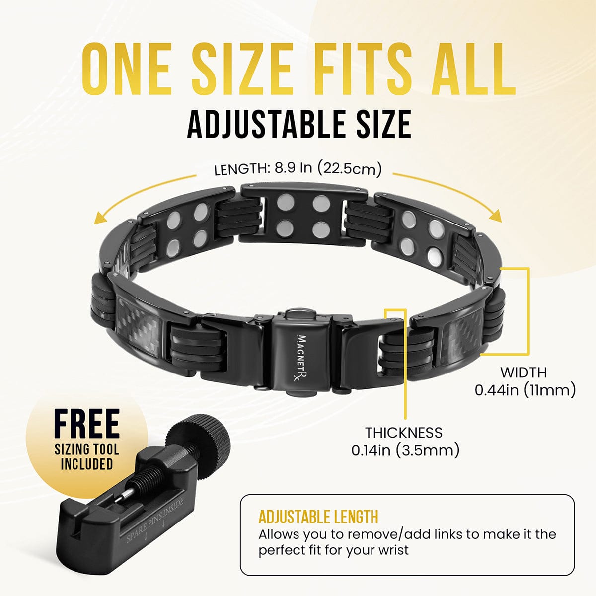 Sizing dimensions and adjustable link info for the carbon fiber magnetic bracelet for men, featuring an included sizing tool.