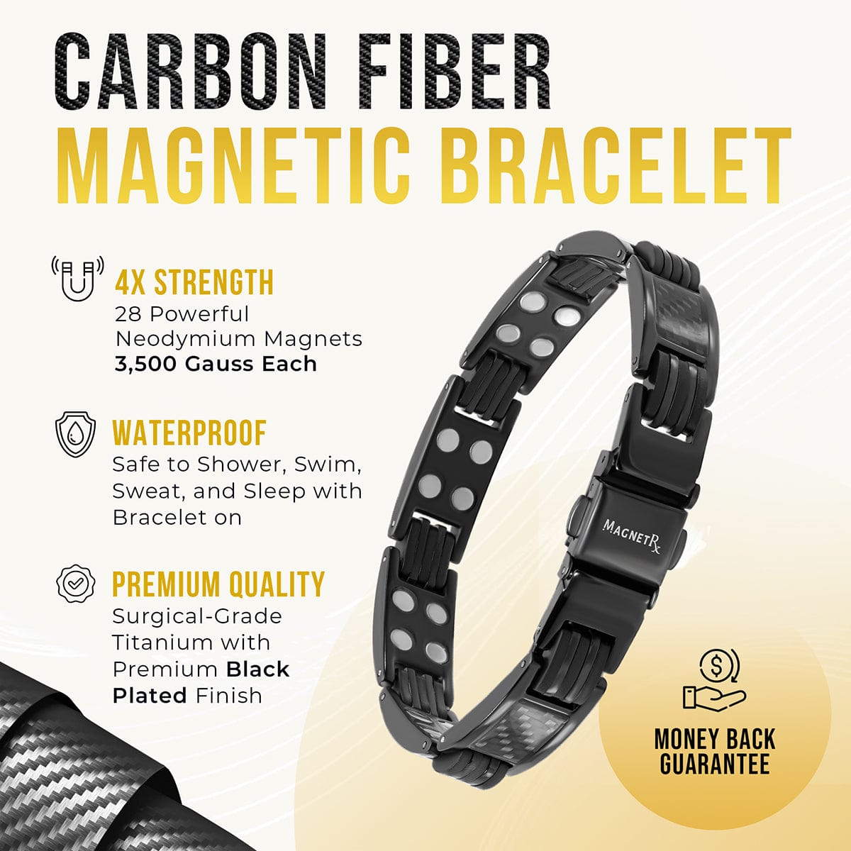 MagnetRX carbon fiber magnetic bracelet in black titanium featuring 28 high strength neodymium magnets and waterproof design.