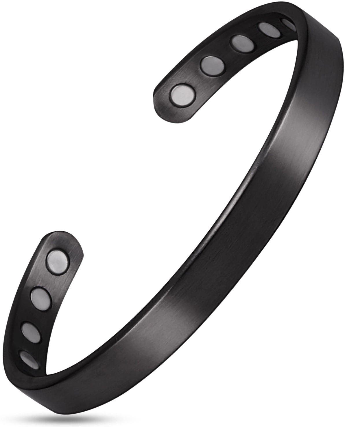 Brushed black mens magnetic cuff bracelet with ultra strength therapy magnets on the inside.