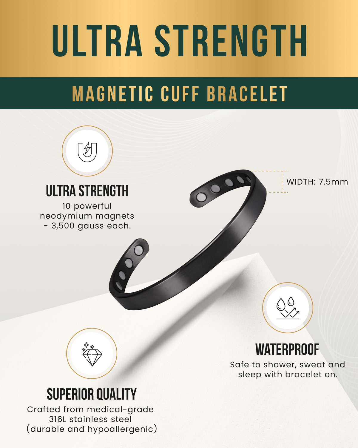 Brushed black mens magnetic cuff bracelet featuring 10 ultra-strength neodymium magnets and waterproof 316L stainless steel design.