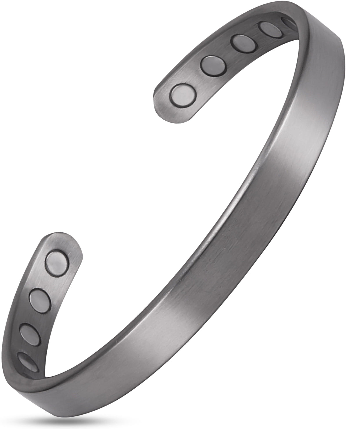 Brushed silver mens magnetic cuff bracelet with powerful therapy magnets for natural pain relief.
