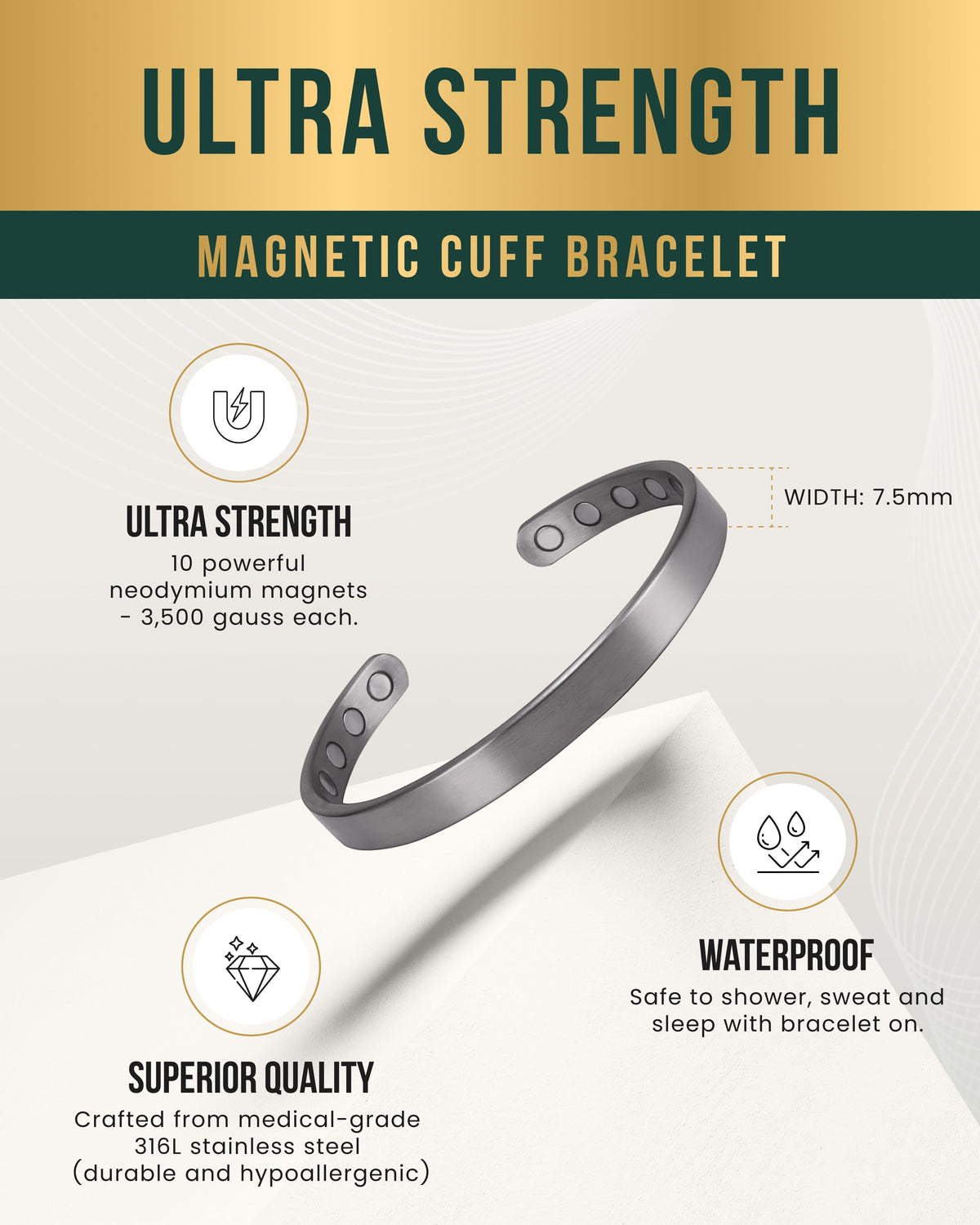 Brushed silver mens magnetic cuff bracelet highlighting its 10 ultra strength magnets, waterproof design, and 316L stainless steel.