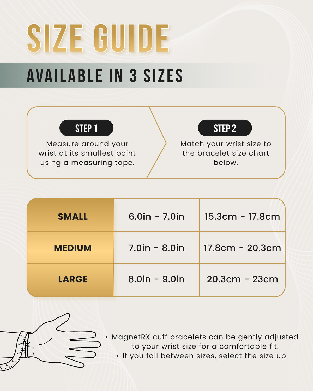 Size guide and chart for the mens magnetic cuff bracelet with instructions on how to measure your wrist size.