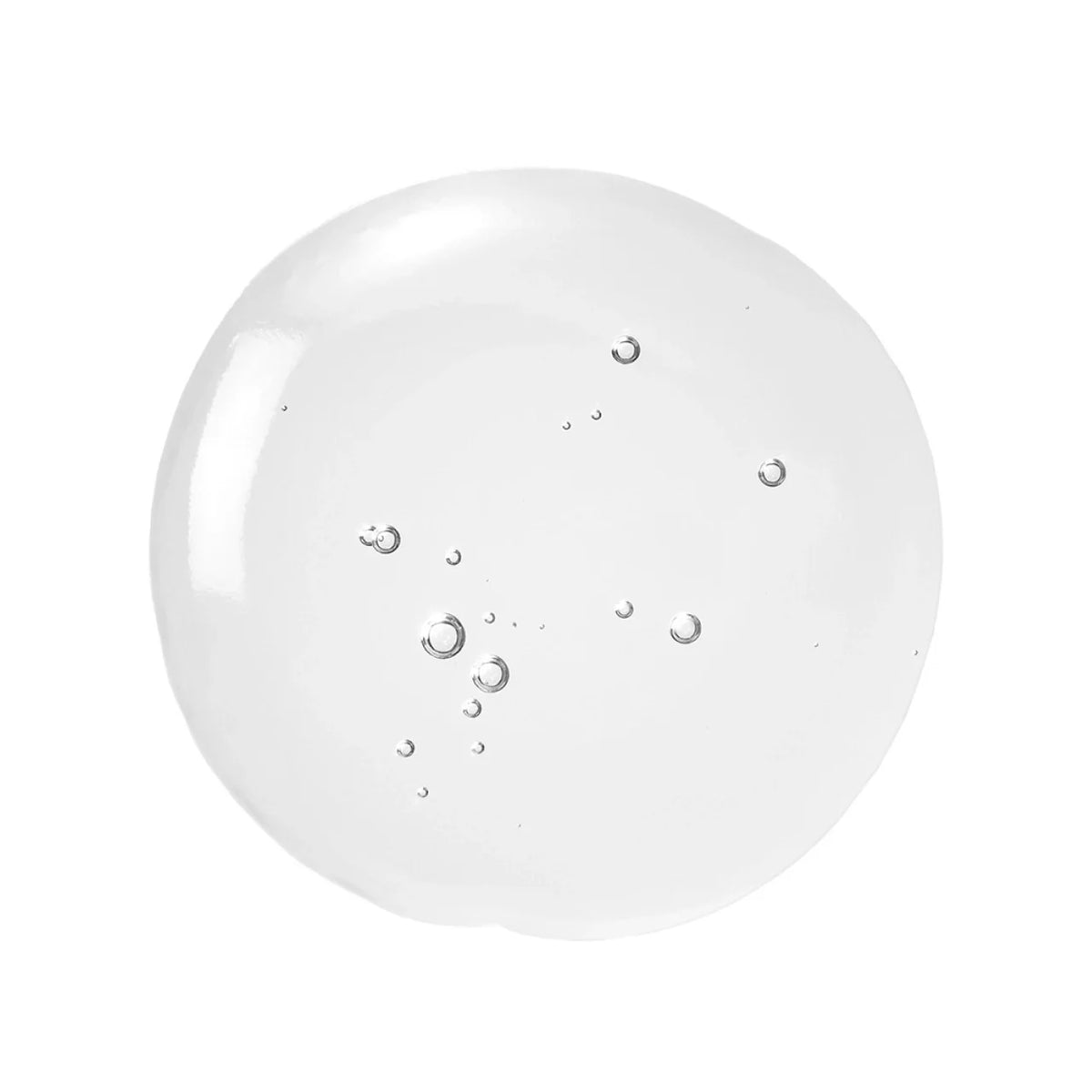 Clear gel texture swatch of Solawave Solabiome hydrating gel cleanser with small bubbles on a white background.