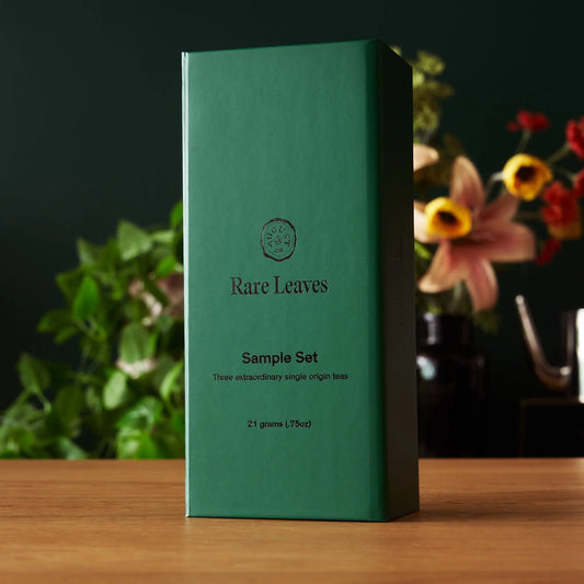Rare Leaves Sample Set box featuring three extraordinary single origin tea sampler, 21 grams (.75oz) total.