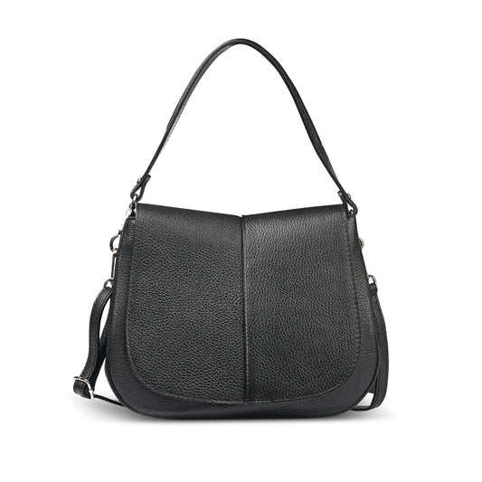 Italian full-grain leather shoulder bag in black, featuring a dual compartment design and adjustable strap.